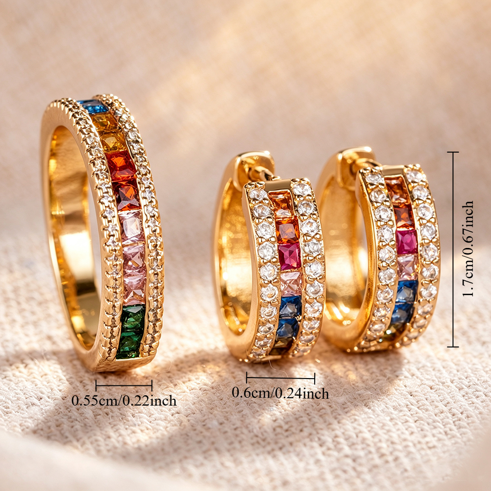 3pc Elegant Inlay Colored Zirconia Earrings and Rings Set for Parties